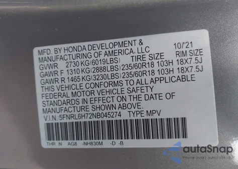 2022 Honda Odyssey Ex-L z USA, uszkodzony, nr VIN 5FNRL6H72NB045274
